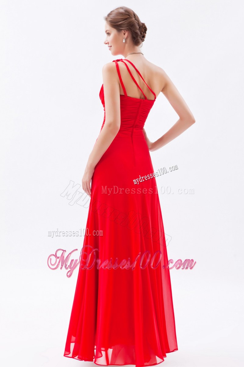 Red Column One Shoulder Floor-length Prom Evening Dress with Beading