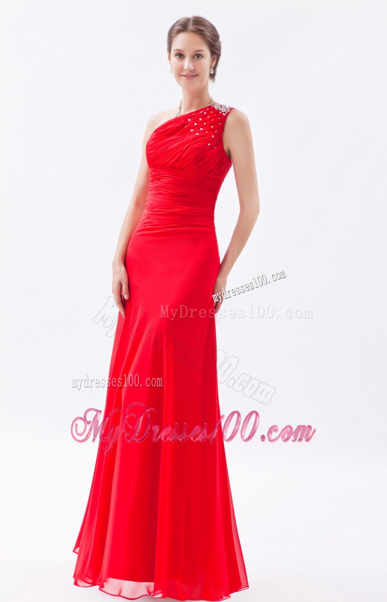 Red Column One Shoulder Floor-length Prom Evening Dress with Beading