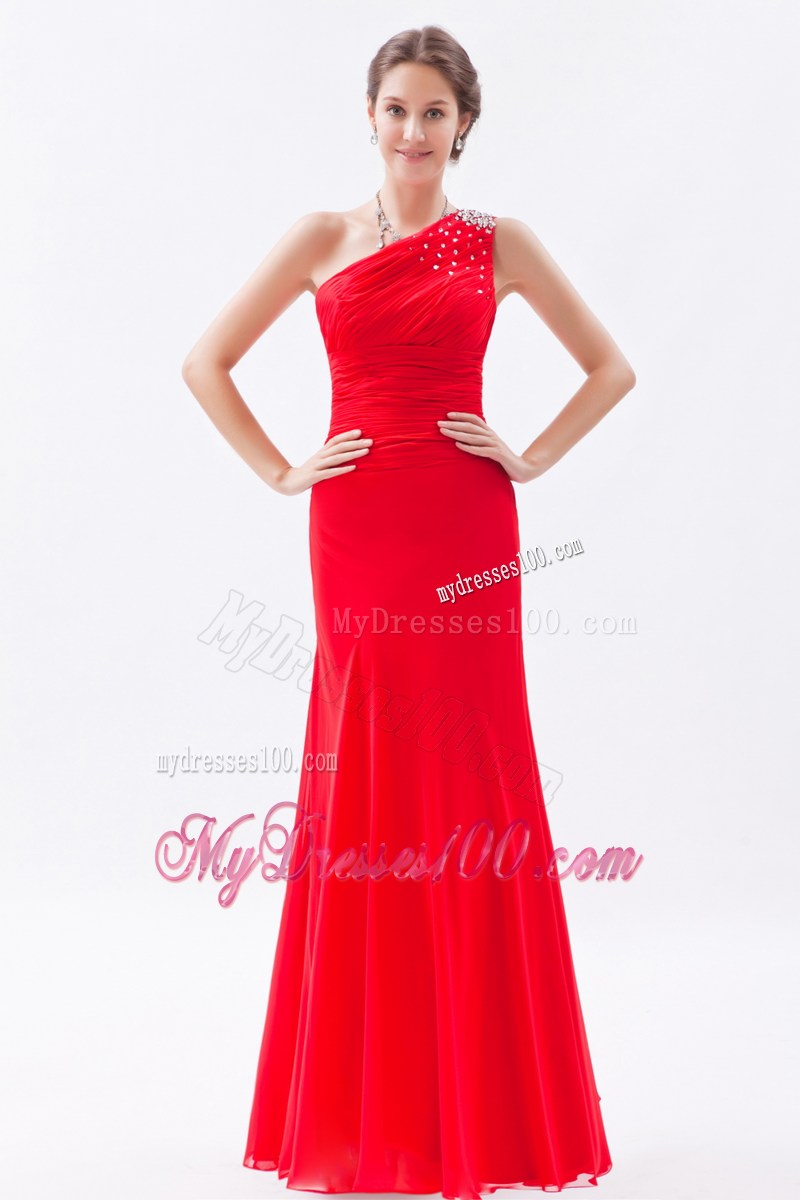 Red Column One Shoulder Floor-length Prom Evening Dress with Beading