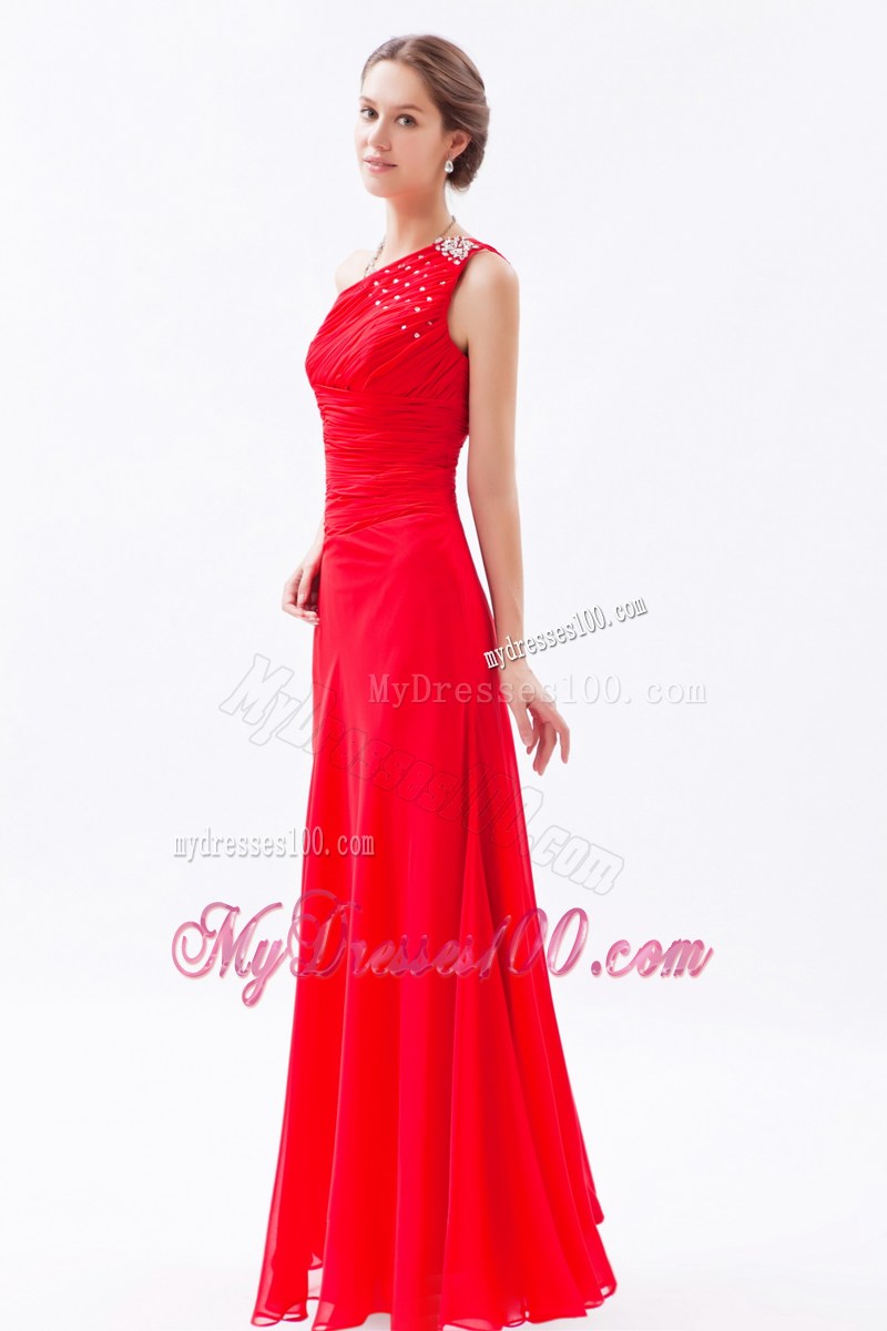 Red Column One Shoulder Floor-length Prom Evening Dress with Beading