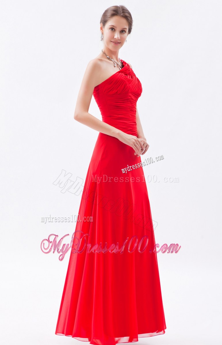 Red Column One Shoulder Floor-length Prom Evening Dress with Beading