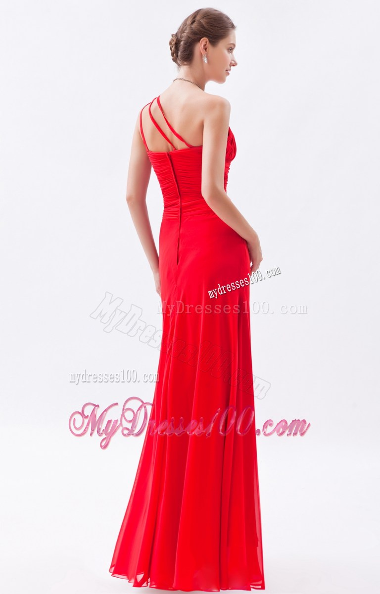 Red Column One Shoulder Floor-length Prom Evening Dress with Beading