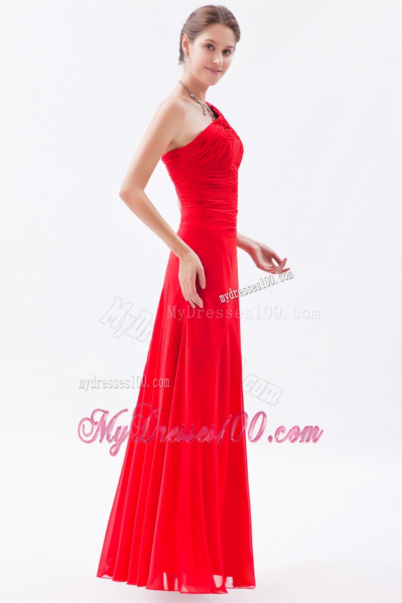 Red Column One Shoulder Floor-length Prom Evening Dress with Beading