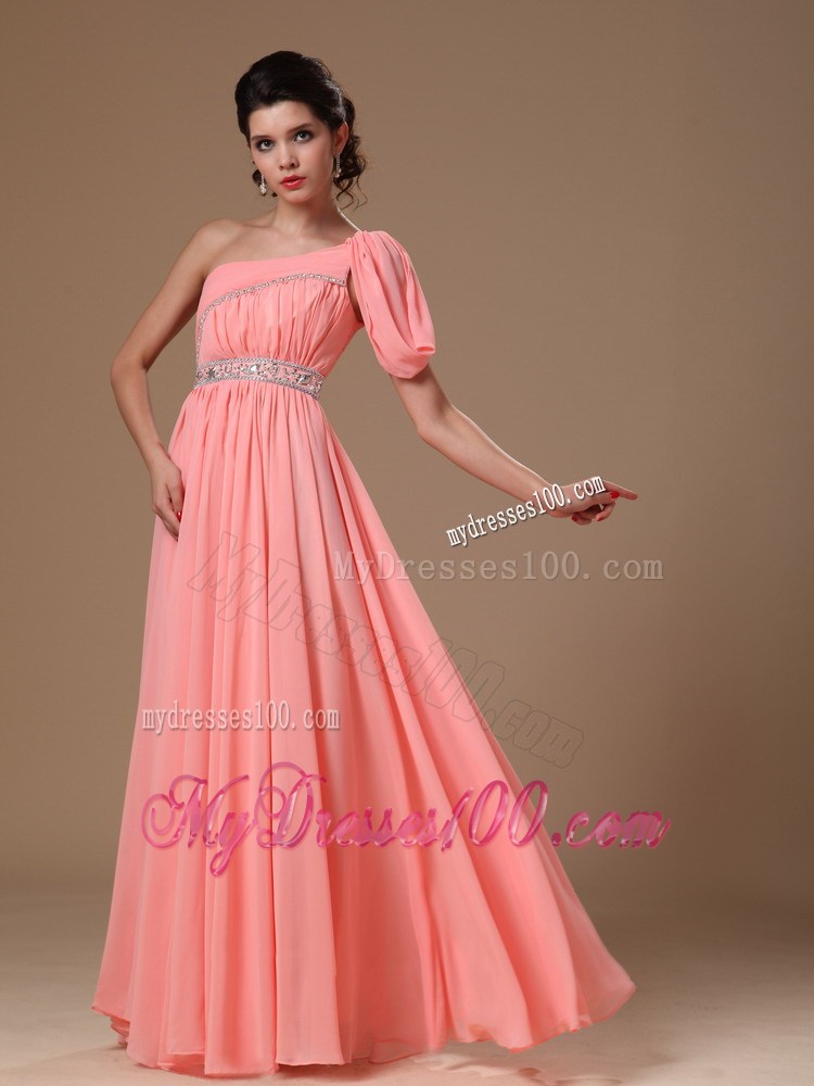 Watermelon Pink Floor-length Prom Dress with Beading and One Short Sleeve