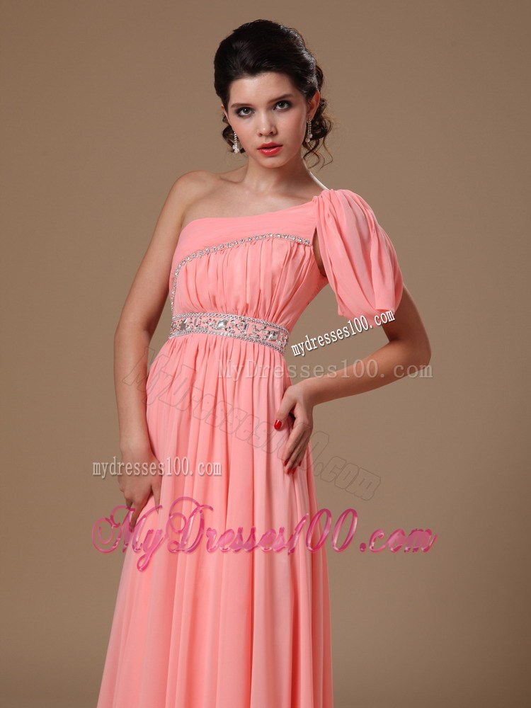 Watermelon Pink Floor-length Prom Dress with Beading and One Short Sleeve