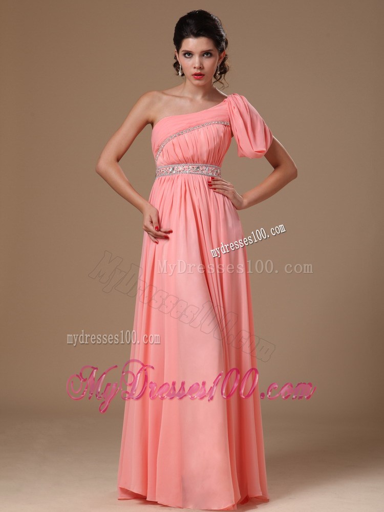 Watermelon Pink Floor-length Prom Dress with Beading and One Short Sleeve