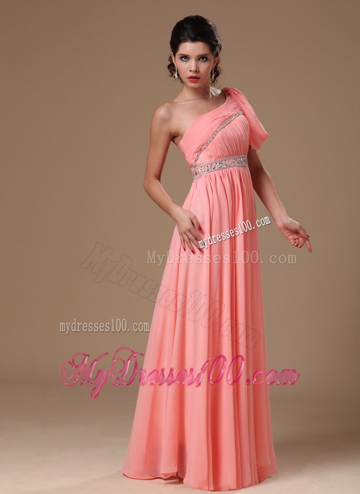 Watermelon Pink Floor-length Prom Dress with Beading and One Short Sleeve
