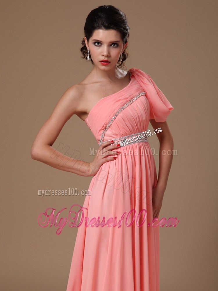 Watermelon Pink Floor-length Prom Dress with Beading and One Short Sleeve