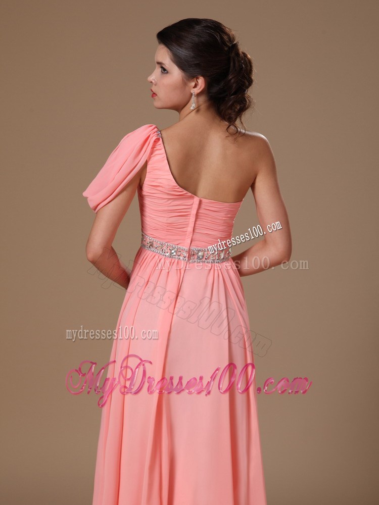 Watermelon Pink Floor-length Prom Dress with Beading and One Short Sleeve