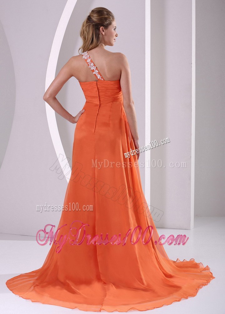 Asymmetrical Brush Train Orange Dresses for Prom with Appliques and Ruches