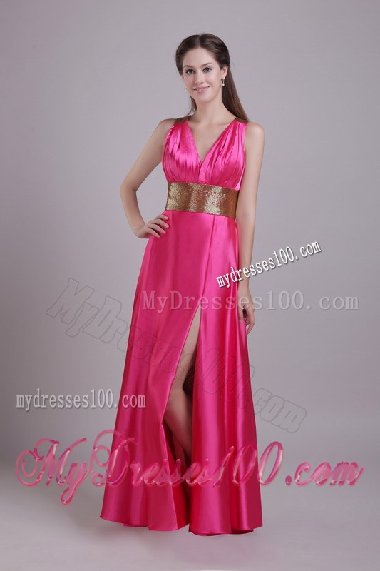Gold Criss-cross Back and Belt Accent Hot Pink Prom Gown with Side Slit