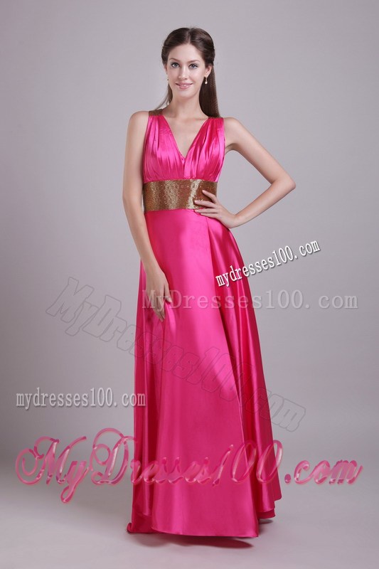 Gold Criss-cross Back and Belt Accent Hot Pink Prom Gown with Side Slit