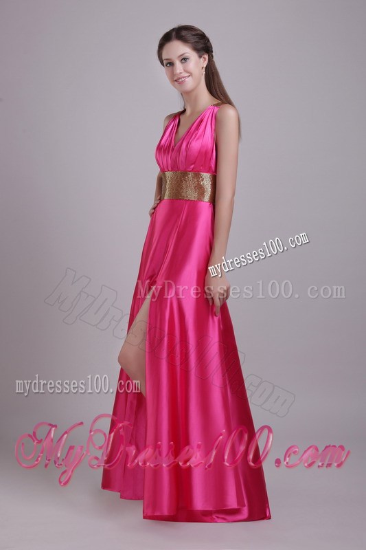Gold Criss-cross Back and Belt Accent Hot Pink Prom Gown with Side Slit