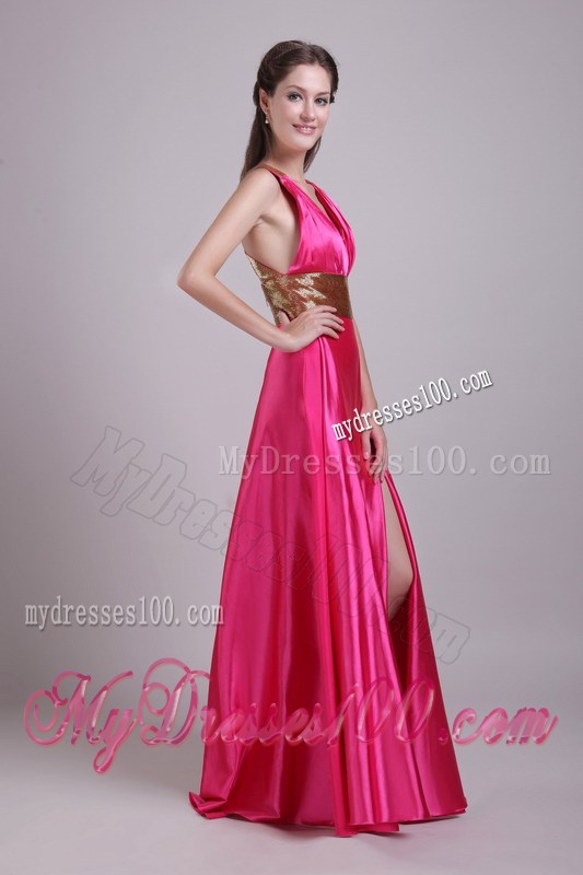 Gold Criss-cross Back and Belt Accent Hot Pink Prom Gown with Side Slit