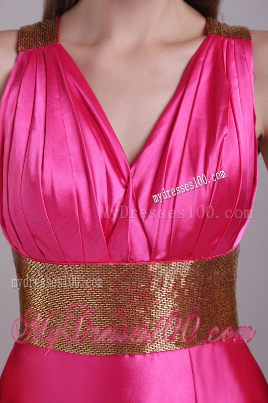 Gold Criss-cross Back and Belt Accent Hot Pink Prom Gown with Side Slit