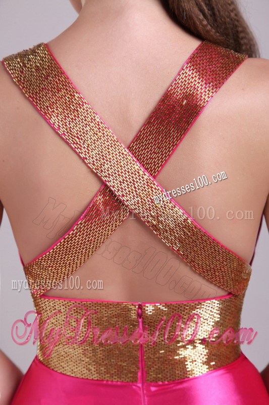 Gold Criss-cross Back and Belt Accent Hot Pink Prom Gown with Side Slit