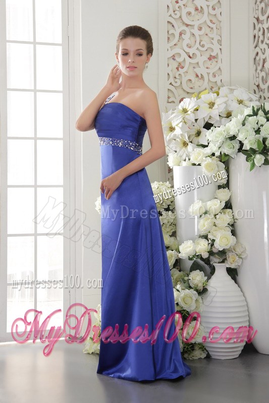 Blue Column sheath One Shoulder Floor-length Satin Beaded Prom Dress