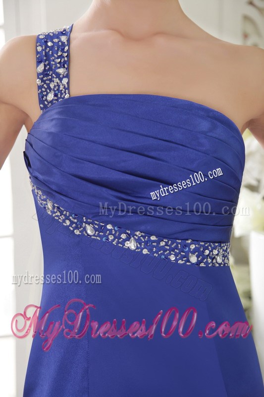 Blue Column sheath One Shoulder Floor-length Satin Beaded Prom Dress