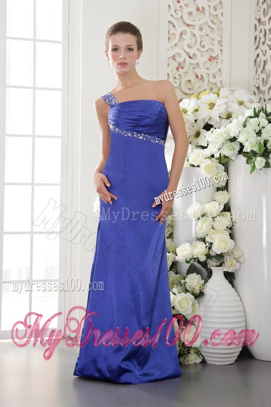 Blue Column sheath One Shoulder Floor-length Satin Beaded Prom Dress