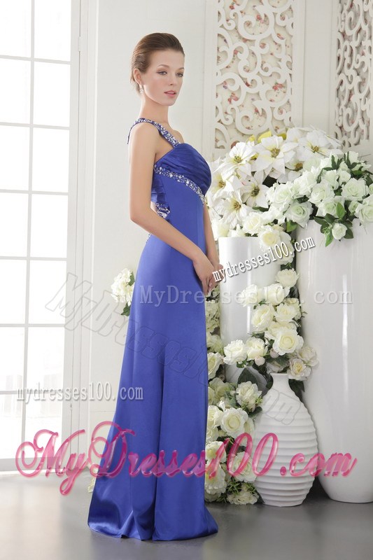 Blue Column sheath One Shoulder Floor-length Satin Beaded Prom Dress
