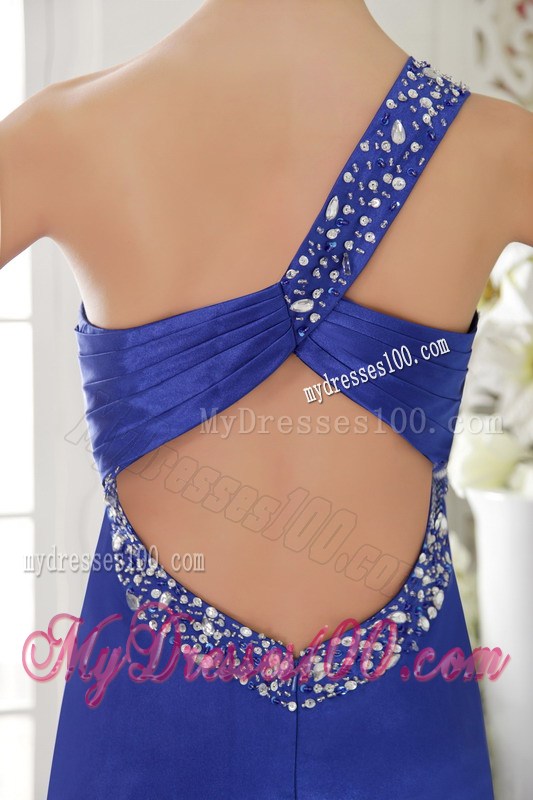Blue Column sheath One Shoulder Floor-length Satin Beaded Prom Dress
