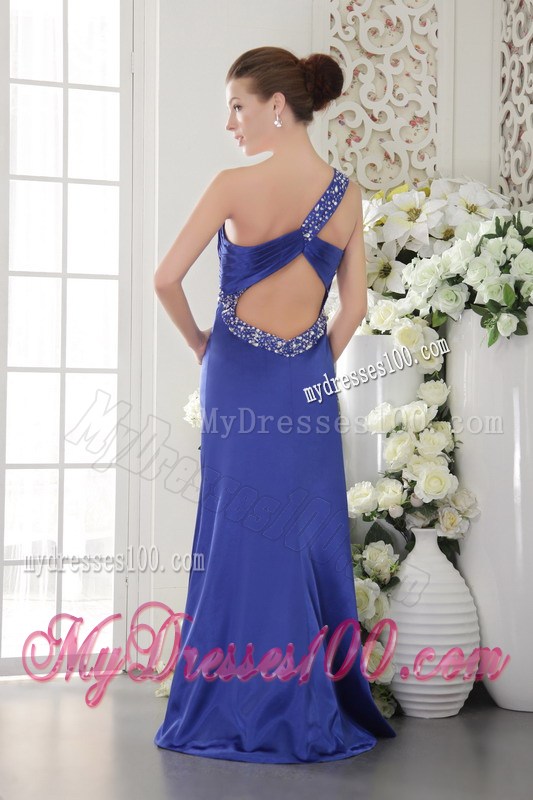 Blue Column sheath One Shoulder Floor-length Satin Beaded Prom Dress