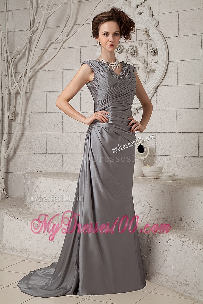 Flowery V-neck Grey Column Prom Dress with Ruches and Brush Train