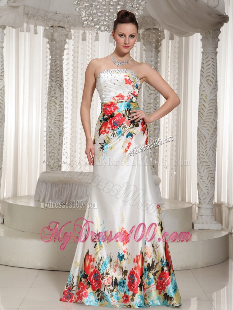 Printing Floor-length Strapless Rhinestones Decorated Prom Evening Dress