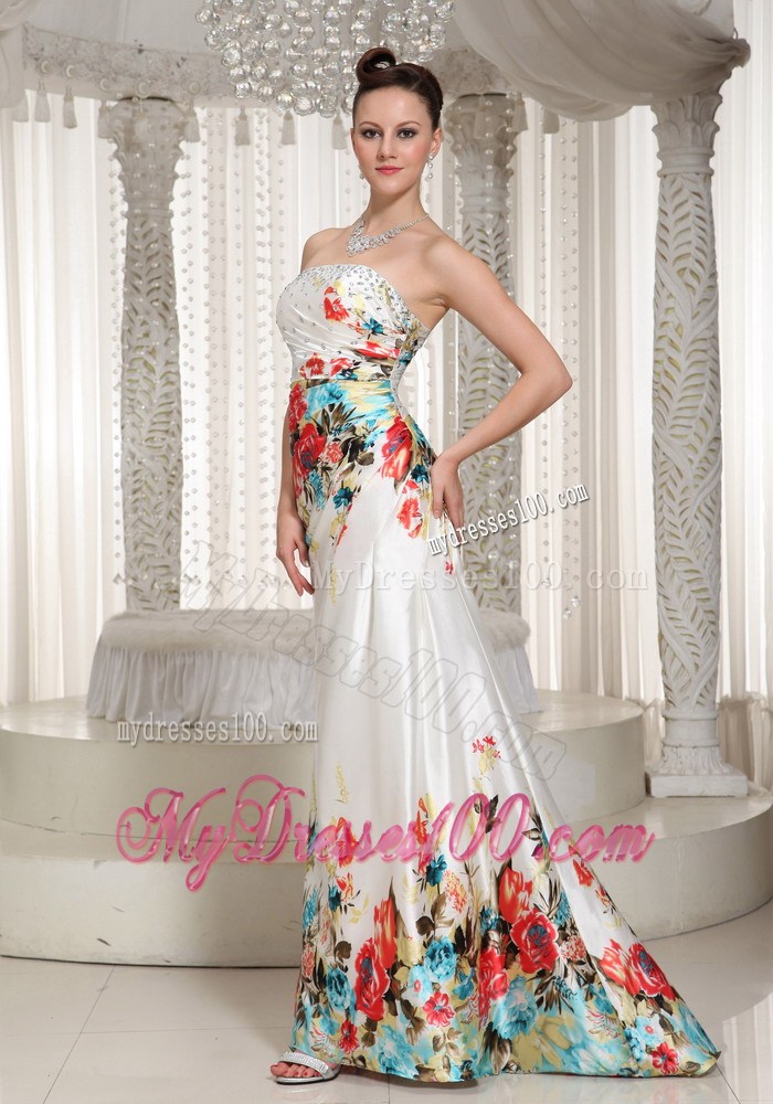 Printing Floor-length Strapless Rhinestones Decorated Prom Evening Dress