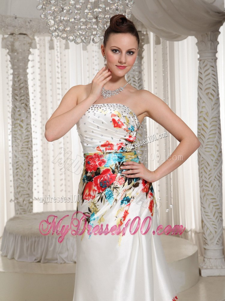 Printing Floor-length Strapless Rhinestones Decorated Prom Evening Dress