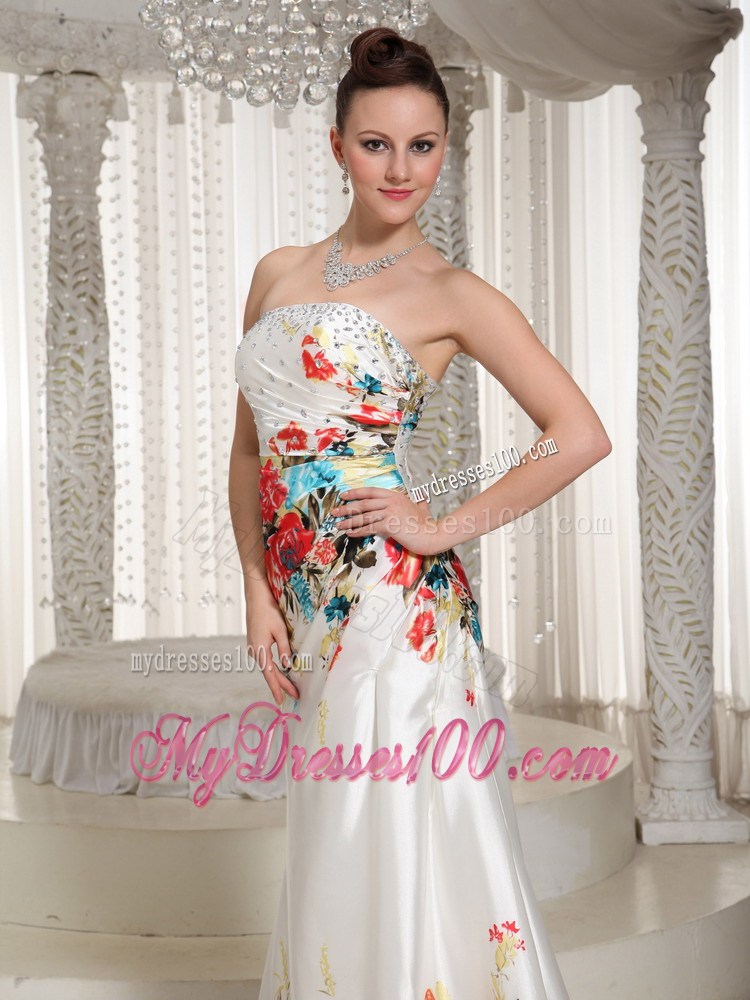 Printing Floor-length Strapless Rhinestones Decorated Prom Evening Dress