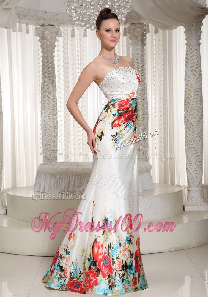 Printing Floor-length Strapless Rhinestones Decorated Prom Evening Dress