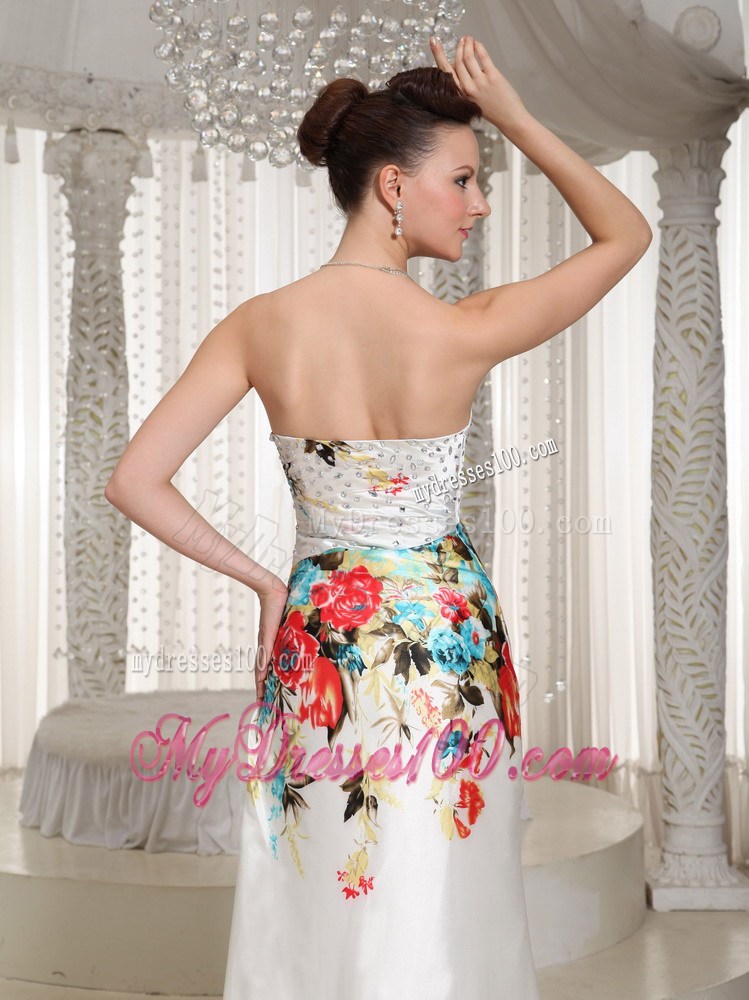 Printing Floor-length Strapless Rhinestones Decorated Prom Evening Dress