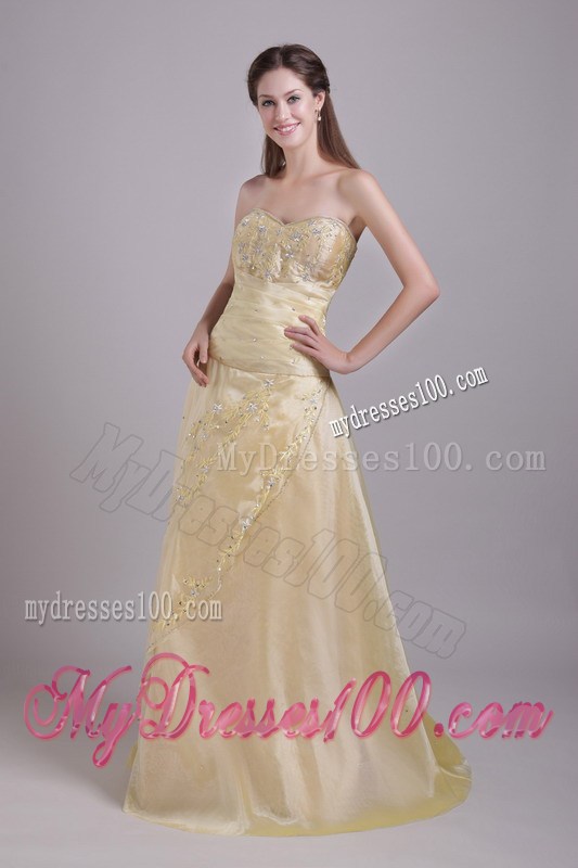 Embroidered Strapless Floor-length Champagne Prom Dresses with Criss-cross