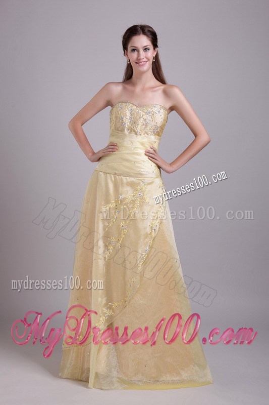 Embroidered Strapless Floor-length Champagne Prom Dresses with Criss-cross