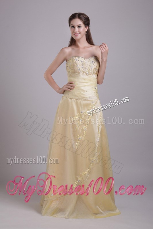 Embroidered Strapless Floor-length Champagne Prom Dresses with Criss-cross