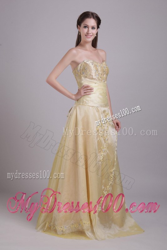 Embroidered Strapless Floor-length Champagne Prom Dresses with Criss-cross