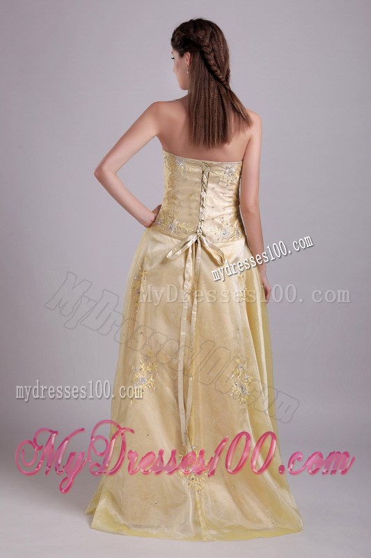 Embroidered Strapless Floor-length Champagne Prom Dresses with Criss-cross