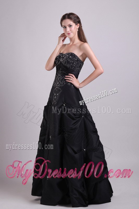 Embroidery and Pick-ups Decorate Strapless Long Black Prom Gown