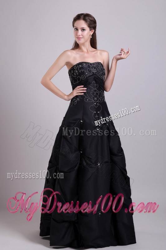 Embroidery and Pick-ups Decorate Strapless Long Black Prom Gown