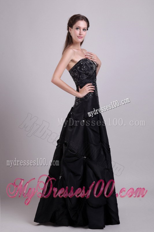 Embroidery and Pick-ups Decorate Strapless Long Black Prom Gown