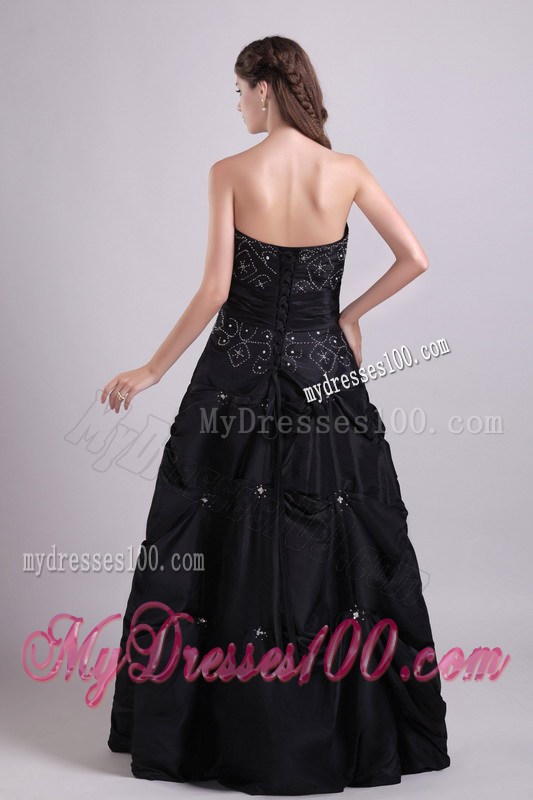 Embroidery and Pick-ups Decorate Strapless Long Black Prom Gown
