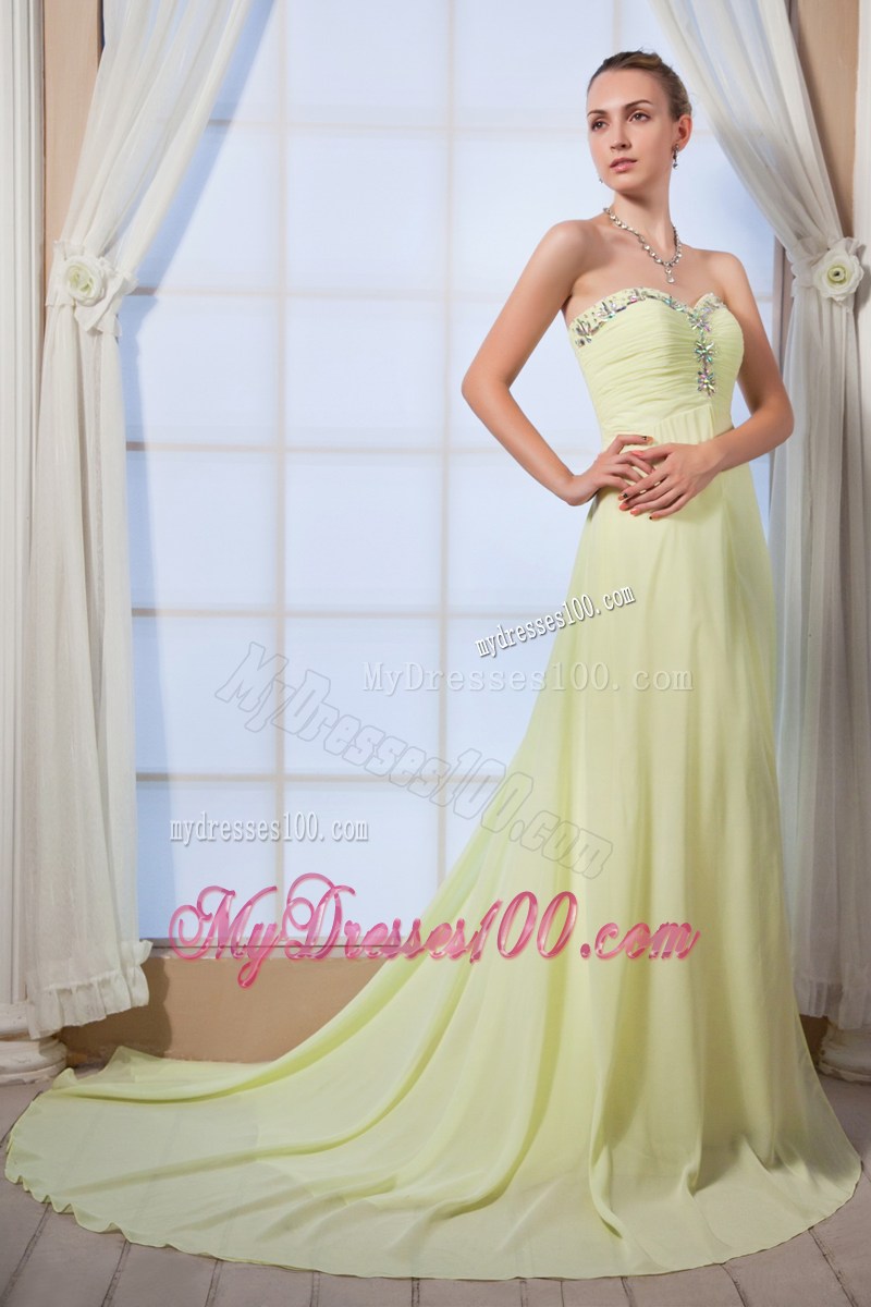 Sweetheart Beaded Empire Brush Train Prom Dresses in Yellow Green
