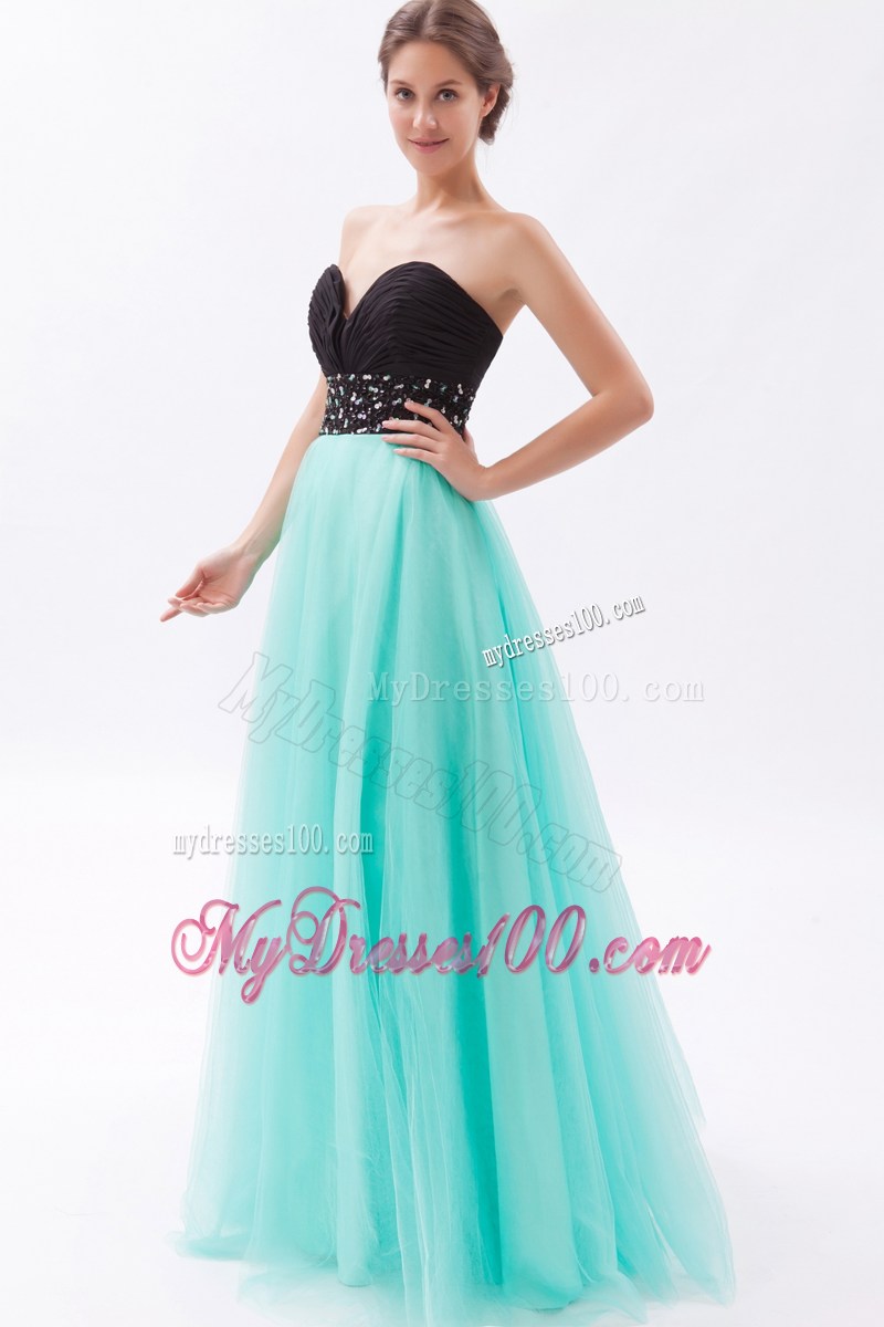 Black and Turquoise A-line Sweetheart Floor-length Beaded Prom Gown