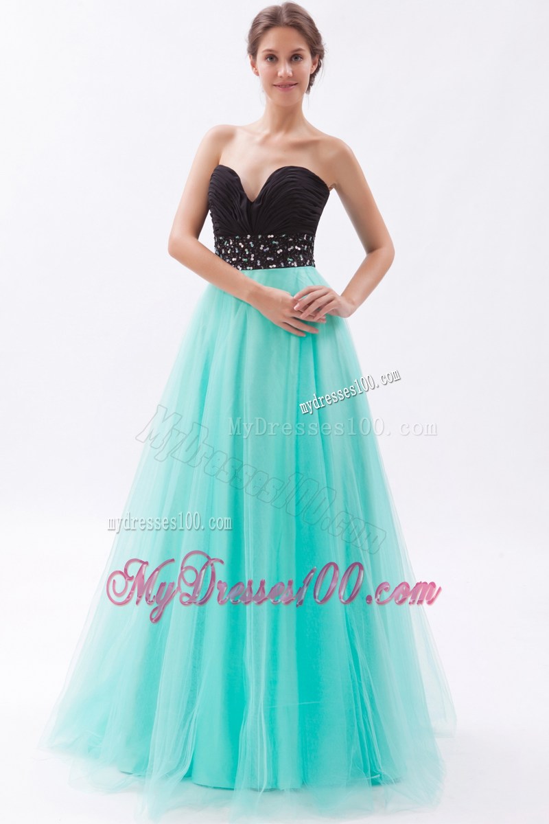 Black and Turquoise A-line Sweetheart Floor-length Beaded Prom Gown