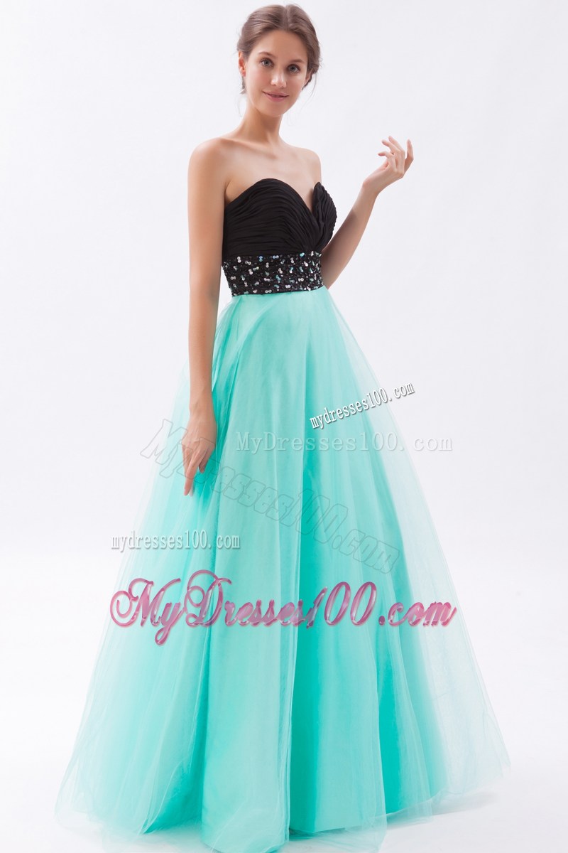 Black and Turquoise A-line Sweetheart Floor-length Beaded Prom Gown