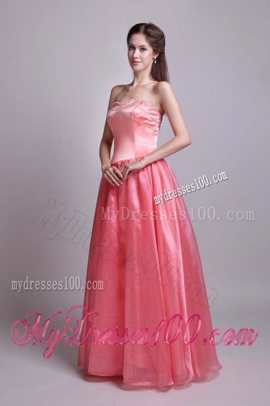 Beaded Strapless Long Organza Prom Dresses in Watermelon Pink