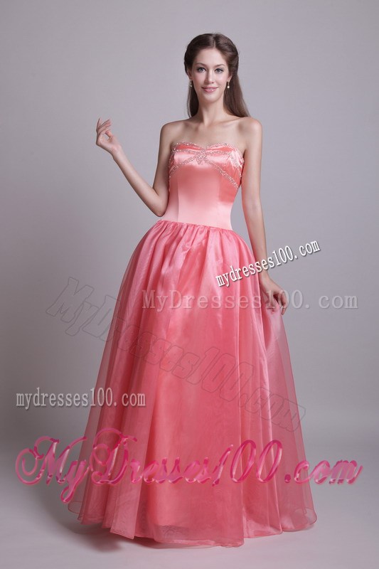 Beaded Strapless Long Organza Prom Dresses in Watermelon Pink