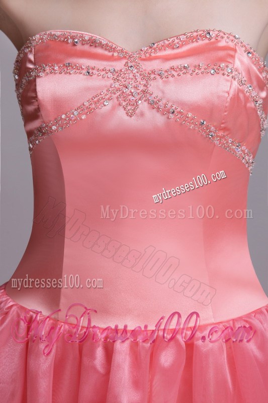 Beaded Strapless Long Organza Prom Dresses in Watermelon Pink
