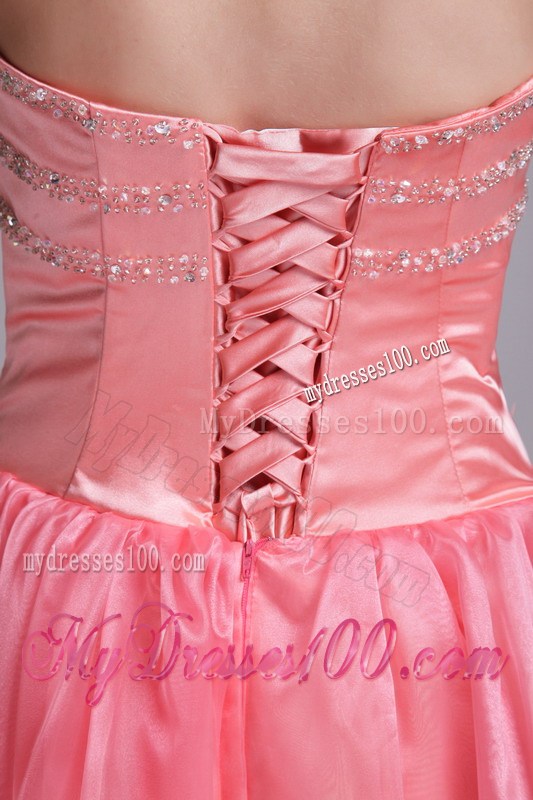 Beaded Strapless Long Organza Prom Dresses in Watermelon Pink